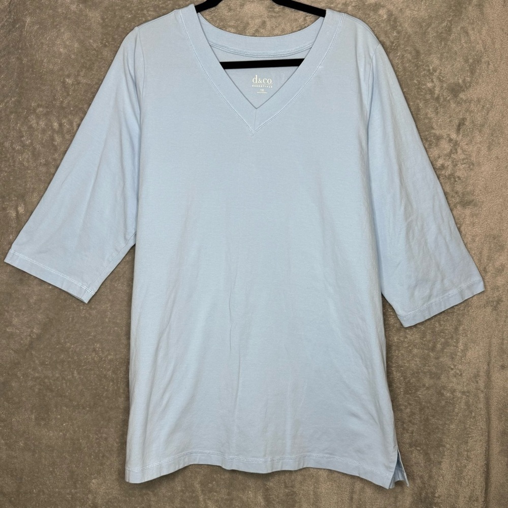 D&Co Essentials 1X Shirt Top Blue Solid 3/4 Sleeve V Neck Cotton Stretch Knit - Picture 1 of 6